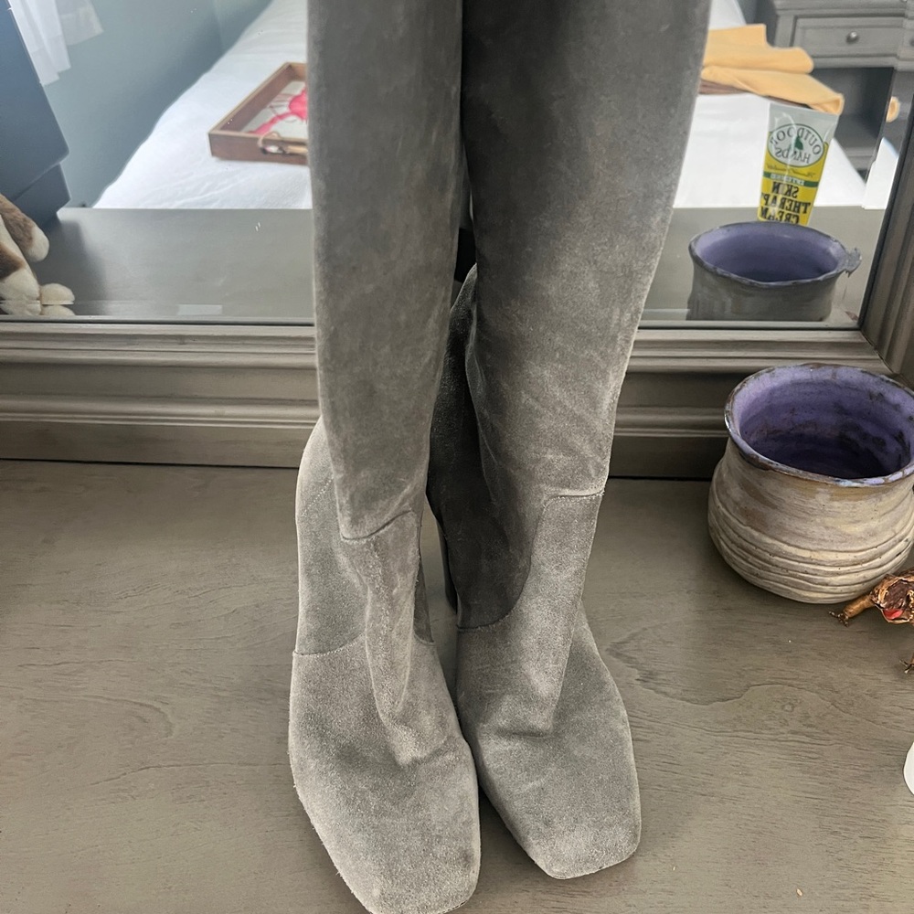 Gray Suede Knee-High Boots